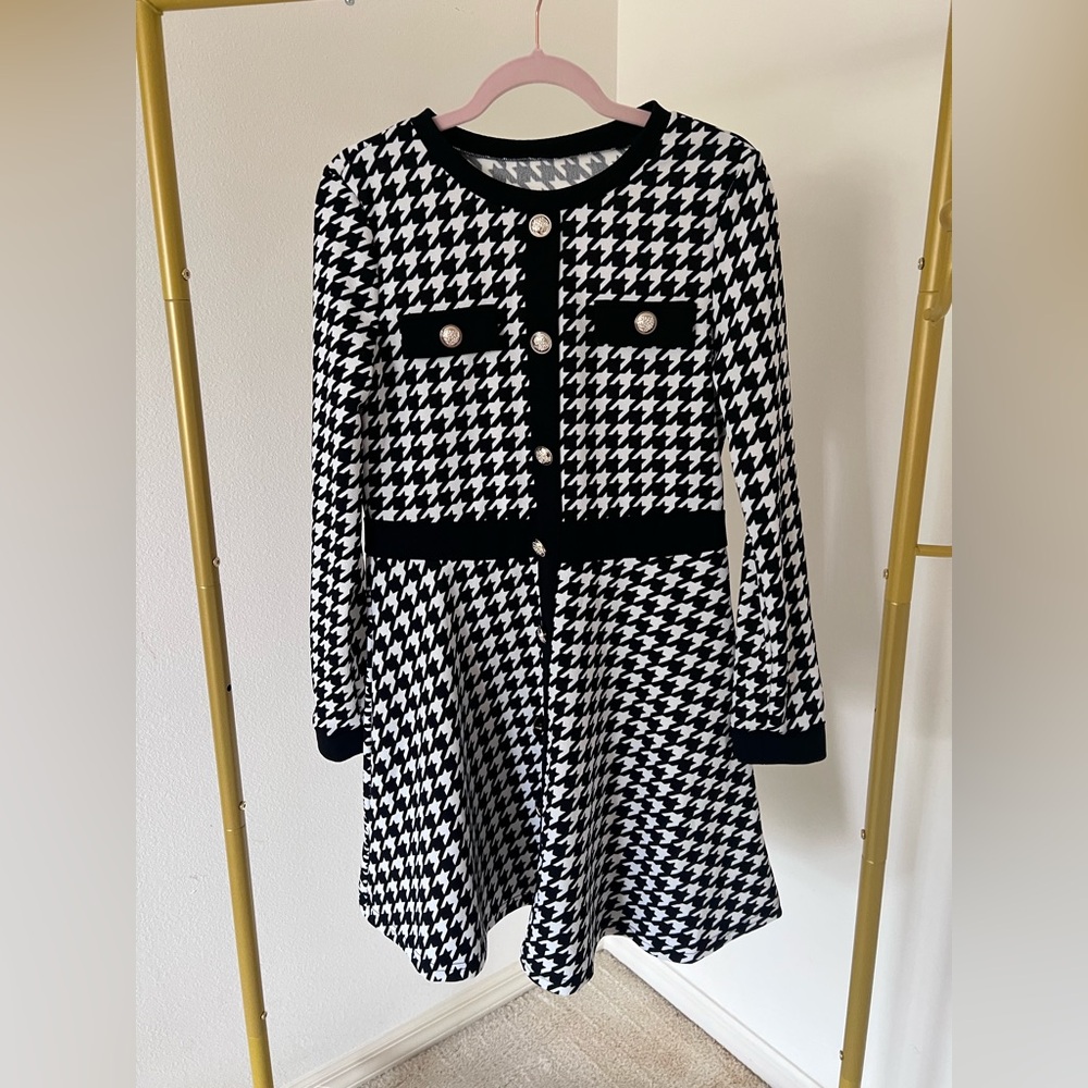 SHEIN Black and White Long Sleeve Houndstooth Short Dress Women Medium